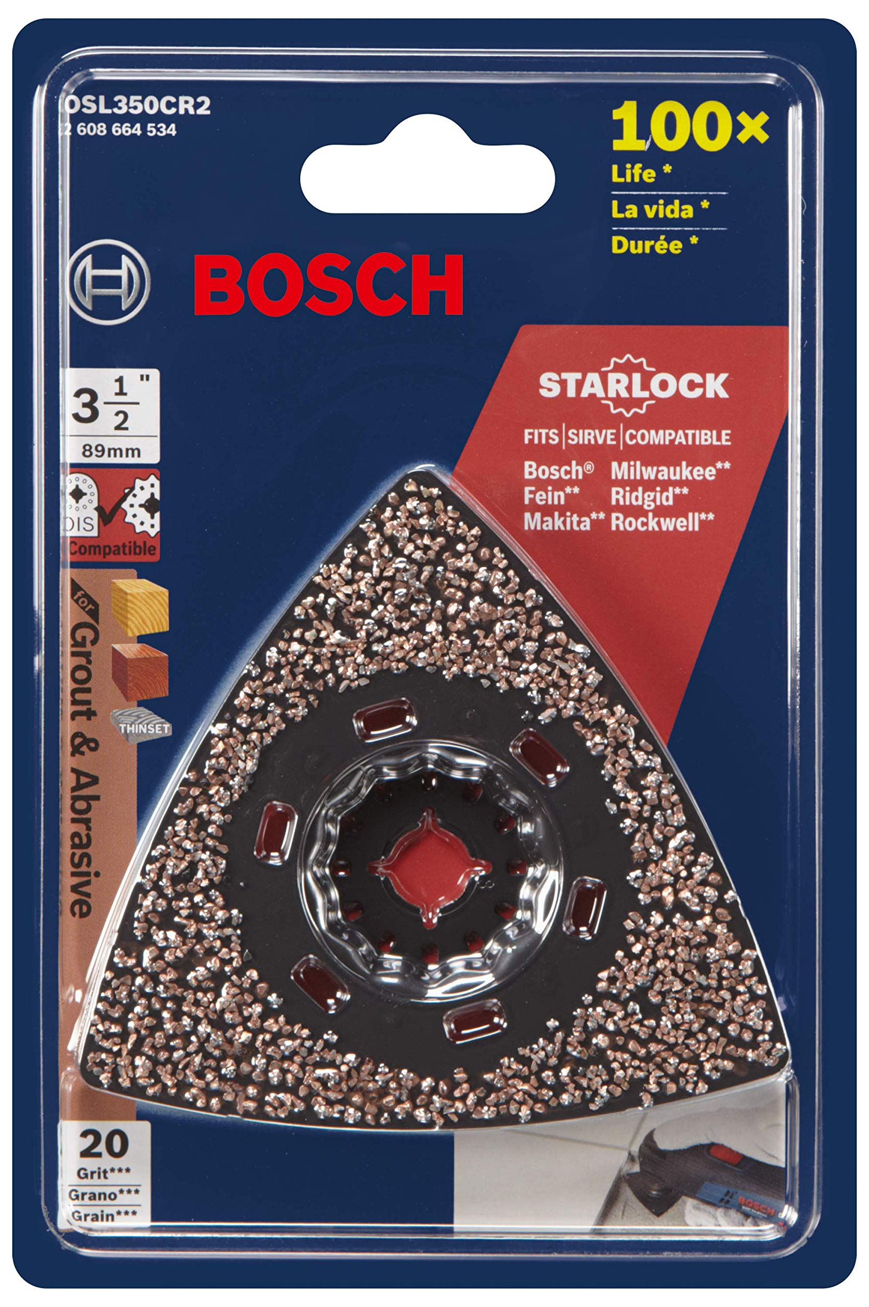 BOSCH OSL350CR2 1-Piece 3-1/2 In. Starlock Oscillating Multi Tool Grout & Abrasive Carbide 20 Grit Delta Sanding Pad for Sanding Applications in Wood, Wood with Paint and Thinset