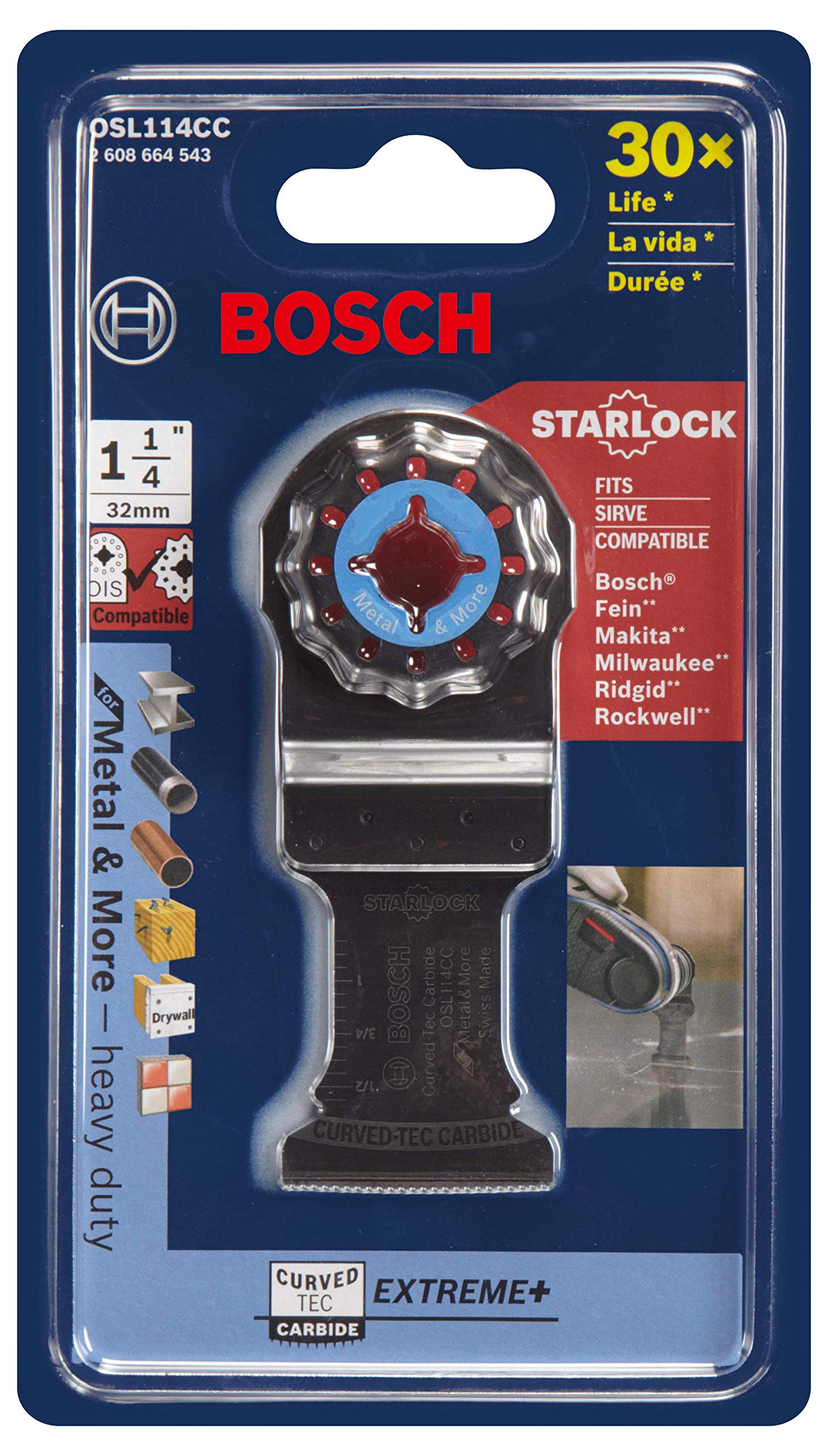 BOSCH OSL114CC 1-Piece 1-1/4 In. Starlock Oscillating Multi Tool Metal & More Curved-Tec Carbide Extreme Plunge Cut Blade for Metal (Nails and Staples), Wood with Nails, PVC