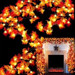 6 pack thanksgiving decorations enlarged maple leaf halloween thanksgiving decor fall lights thick leaf garlands, total 60ft/120led lights battery operated waterproof fall decor home indoor outdoor