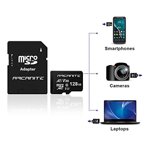 ARCANITE 128GB microSDXC Memory Card with Adapter - A1, UHS-I U3, V30, 4K, C10, Micro SD, Optimal Read speeds up to 90 MB/s