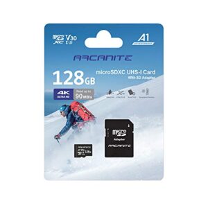 ARCANITE 128GB microSDXC Memory Card with Adapter - A1, UHS-I U3, V30, 4K, C10, Micro SD, Optimal Read speeds up to 90 MB/s