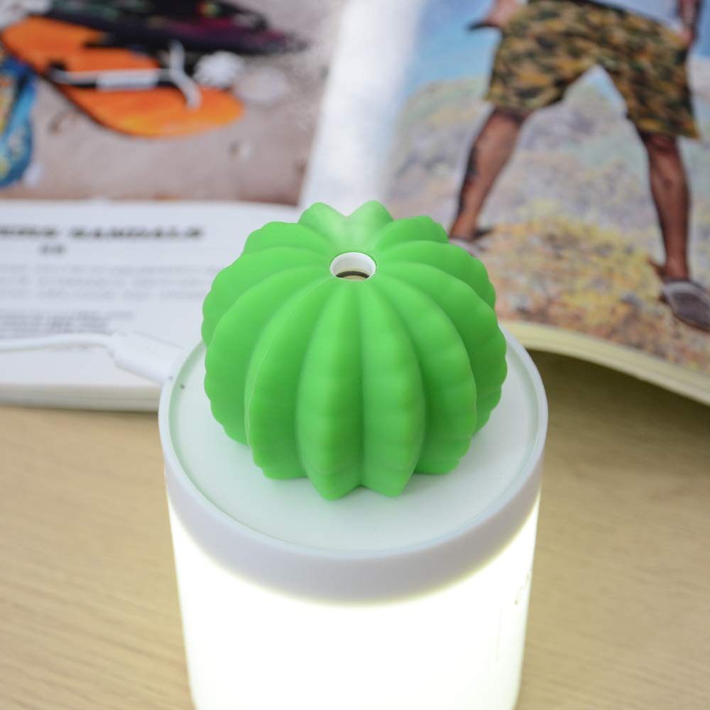 Alicacho USB Small Humidifier with Night Light, 280ml Tank Cactus Humidifier Mini Cool Mist Air Humidifier with Auto Shutdown for Bedroom Office Car