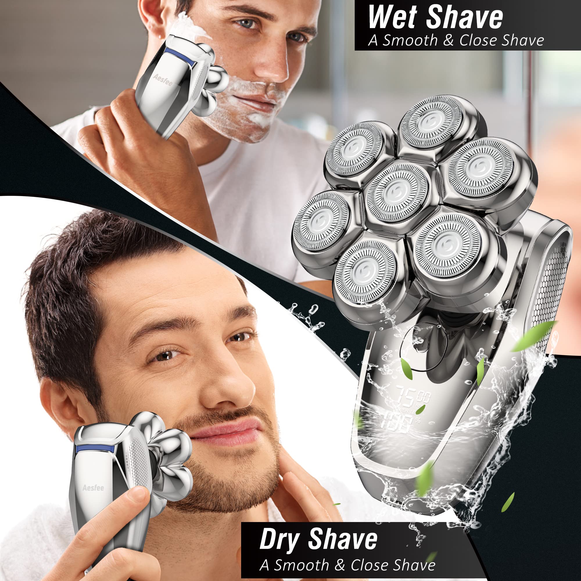 Head Shaver for Bald Men, Electric Razors Wet & Dry Waterproof 7D Rotary Shavers for Head and Face, Men's Electric Head Shavers Cordless, Type-C Charge, 2-Speed, LCD Battery Indicator