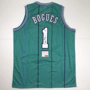 autographed/signed muggsy bogues charlotte teal basketball jersey psa/dna coa