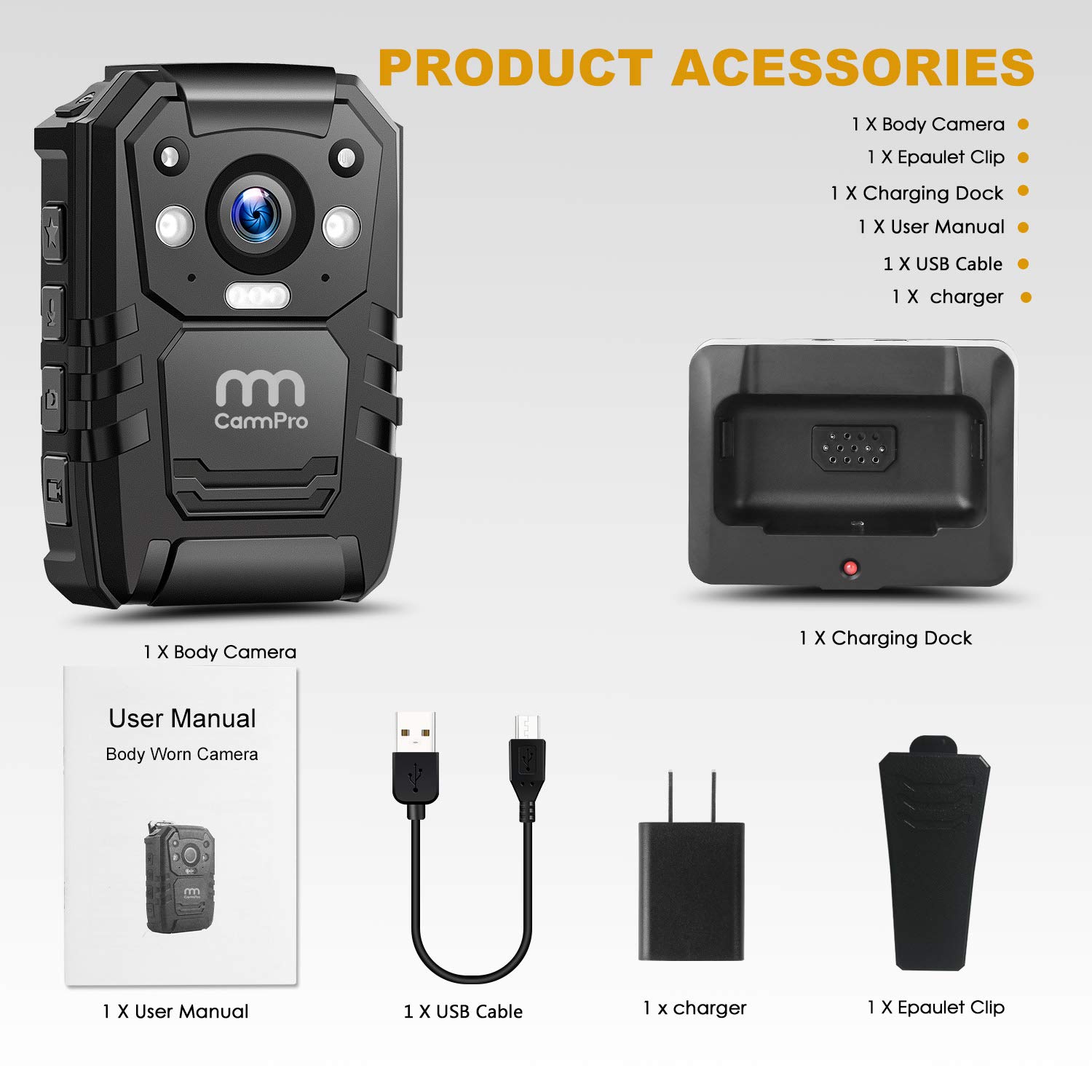 1296P HD Police Body Camera,32G Memory,CammPro I826 Premium Portable Body Camera,Waterproof Body-Worn Camera with 2 Inch Display,Night Vision,GPS for Law Enforcement Recorder,Security Guards,Personal