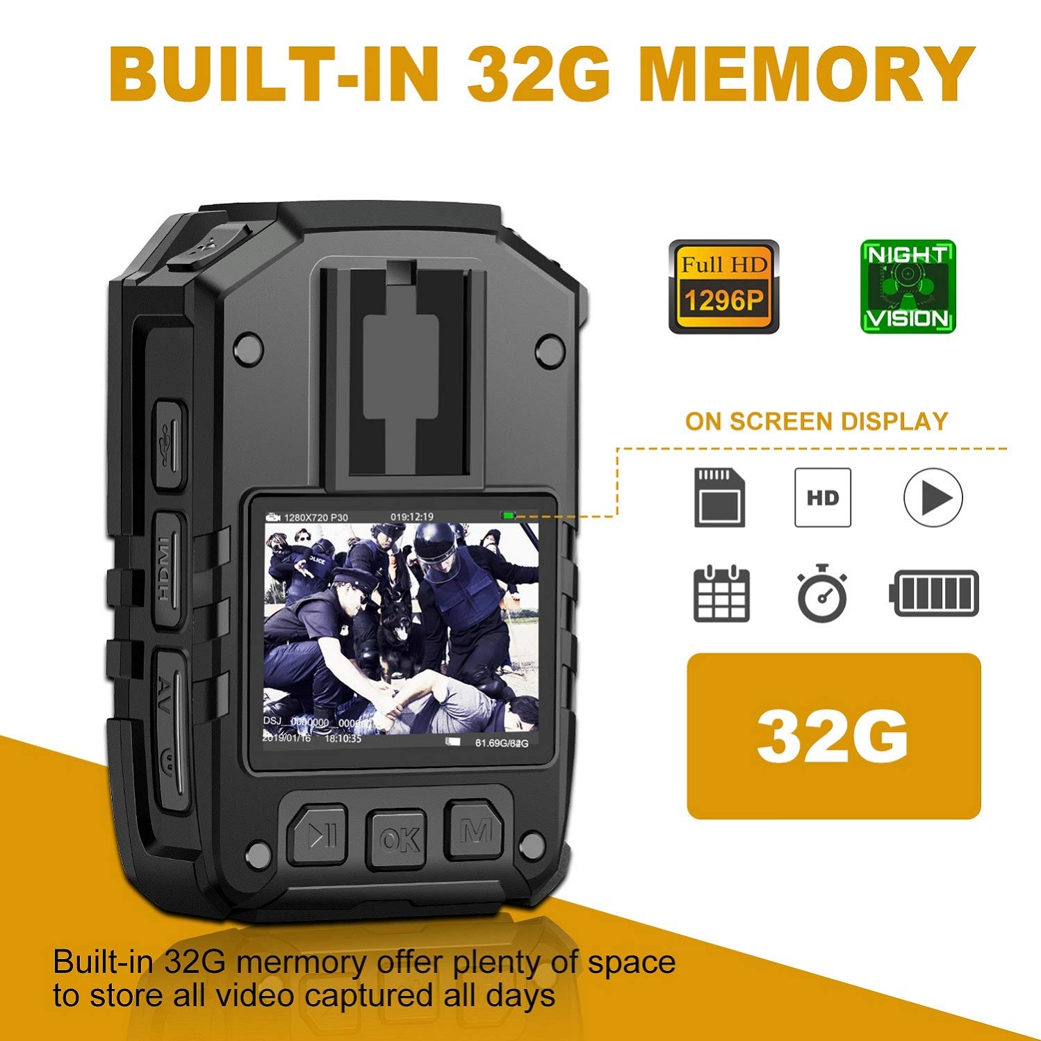 1296P HD Police Body Camera,32G Memory,CammPro I826 Premium Portable Body Camera,Waterproof Body-Worn Camera with 2 Inch Display,Night Vision,GPS for Law Enforcement Recorder,Security Guards,Personal