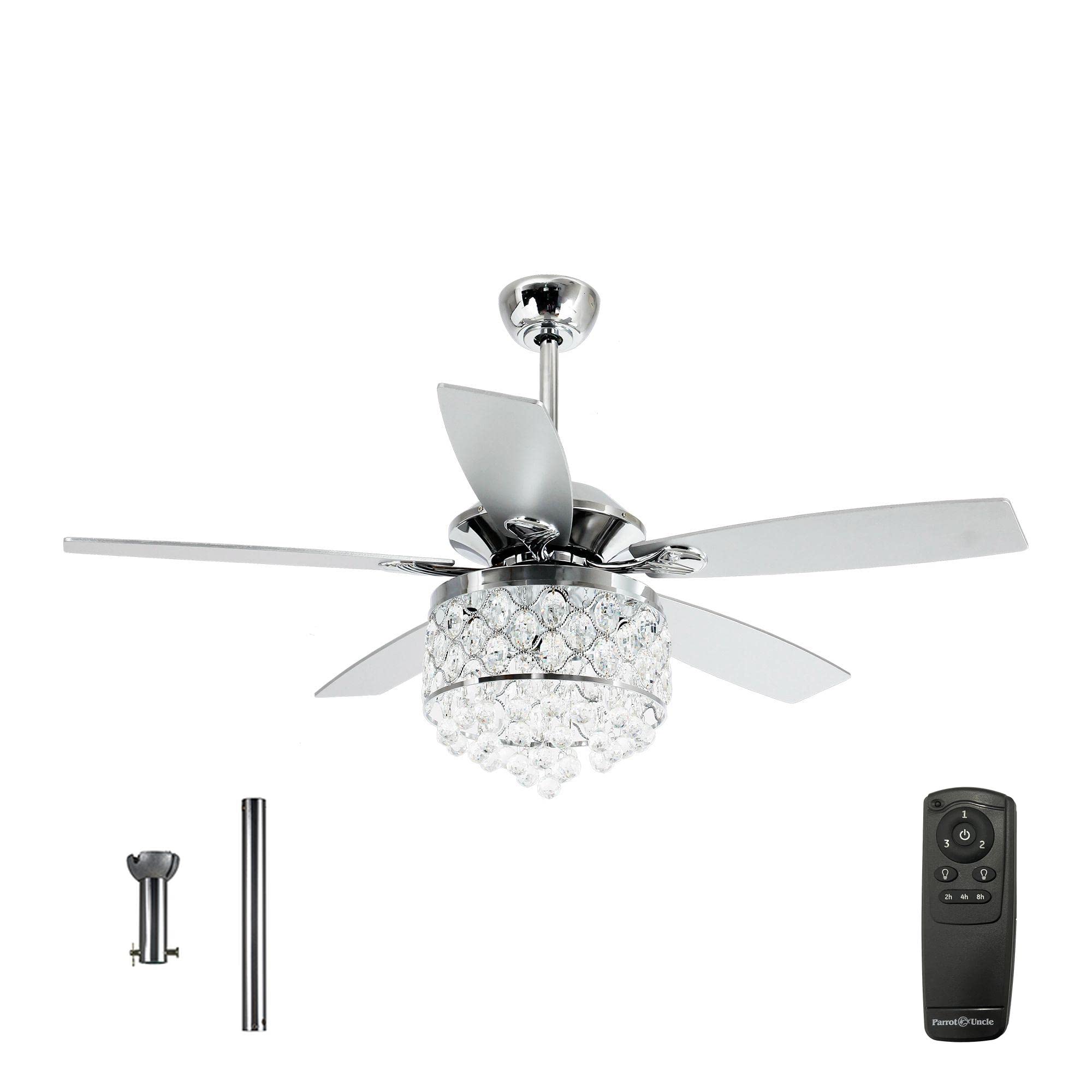 Parrot Uncle Ceiling Fans with Lights and Remote 52 Inch Modern Chandelier Ceiling Fan with Light for Bedroom 52 Inch Outdoor Ceiling Fans for Covered Paitos with Light, Polished Chrome