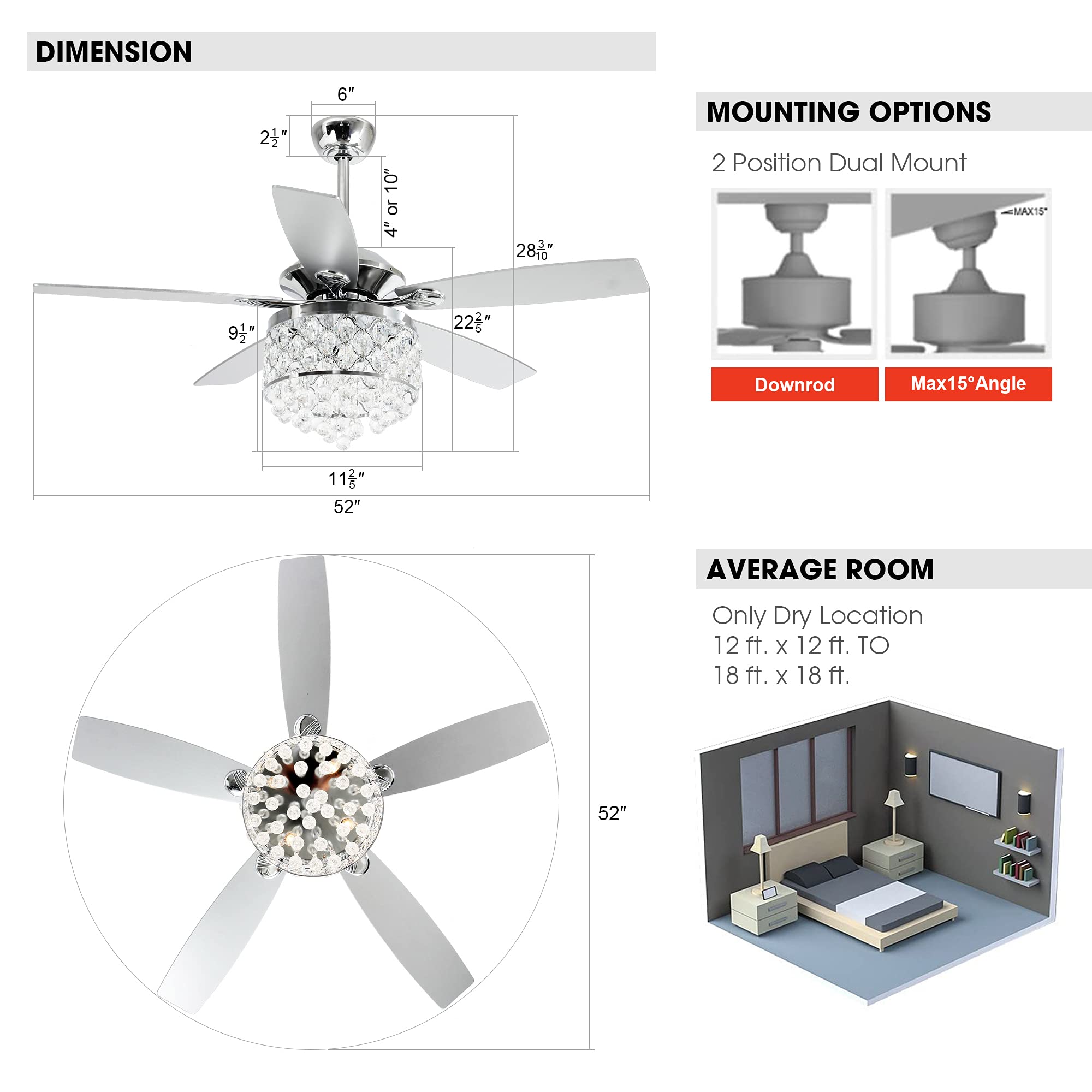 Parrot Uncle Ceiling Fans with Lights and Remote 52 Inch Modern Chandelier Ceiling Fan with Light for Bedroom 52 Inch Outdoor Ceiling Fans for Covered Paitos with Light, Polished Chrome