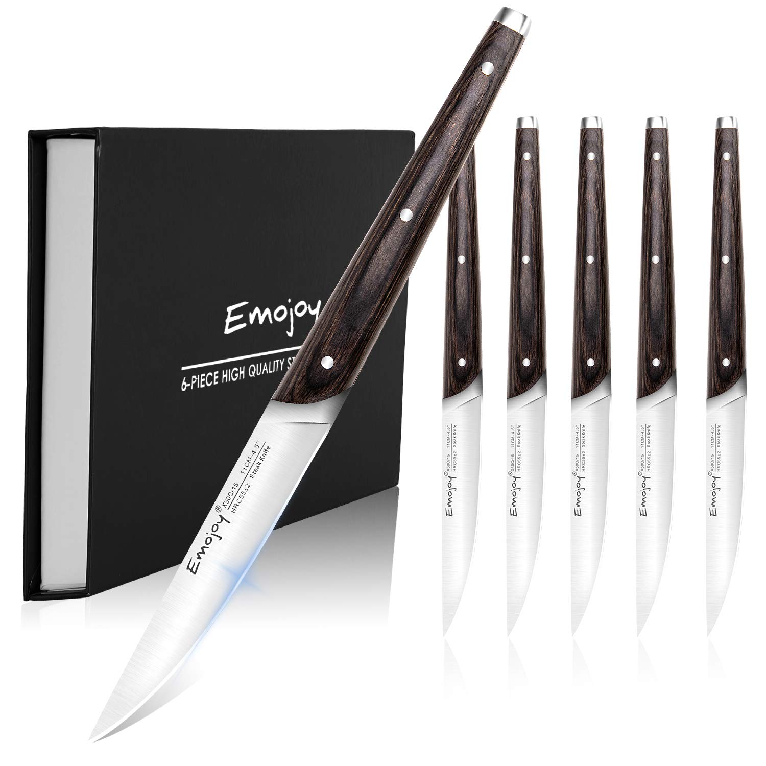 Emojoy Steak Knife Set, 6pcs Steak Knives Set, High Carbon German Stainless Steel, Non-serrated, Dinner Knifes with Gift Box