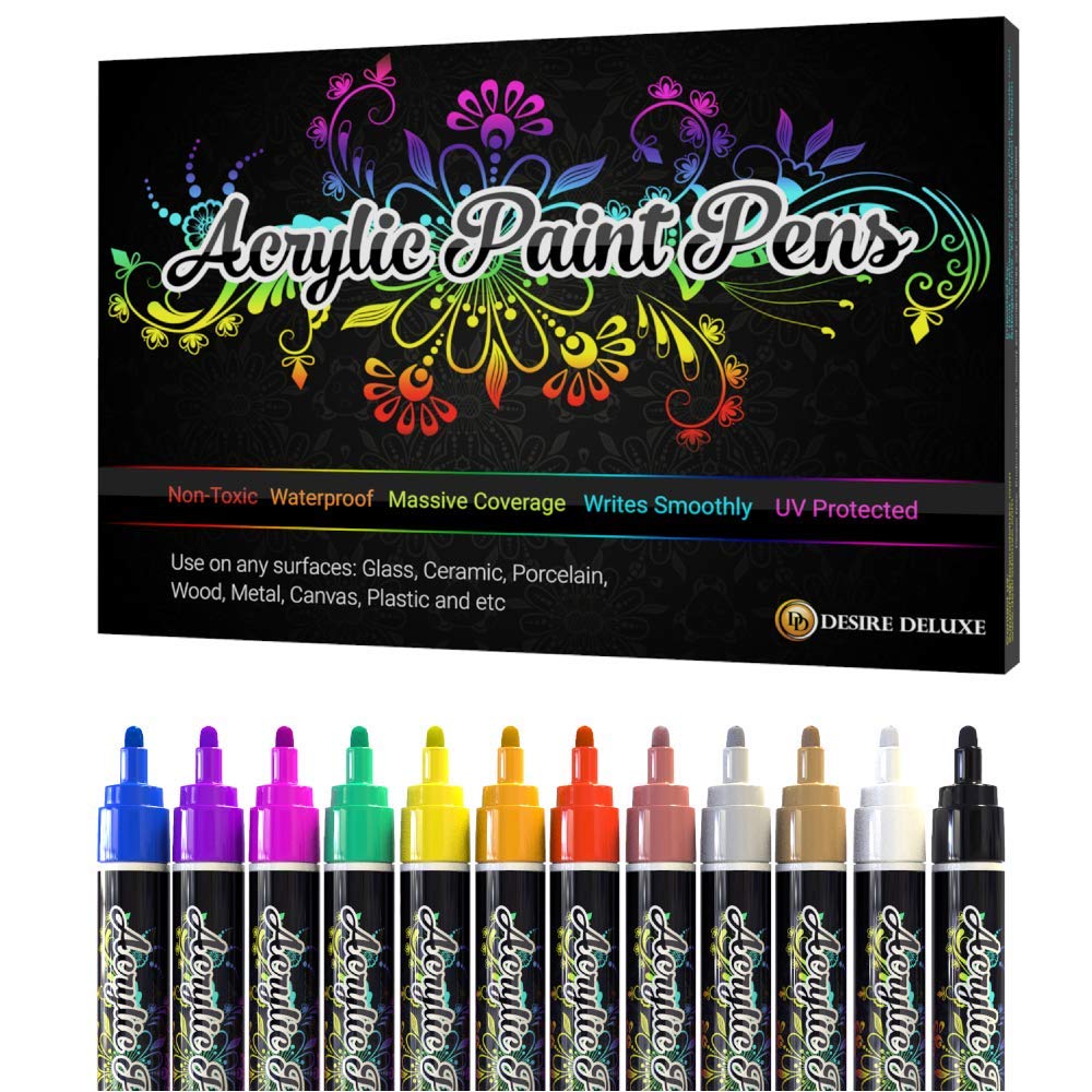 Desire Deluxe Acrylic Paint Pens for Rock Painting, Stone, Ceramic, Glass, Wood, Canvas – Set of 12 Non Toxic Water Based Markers - Great Artists Painting Supplies