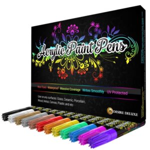 Desire Deluxe Acrylic Paint Pens for Rock Painting, Stone, Ceramic, Glass, Wood, Canvas – Set of 12 Non Toxic Water Based Markers - Great Artists Painting Supplies