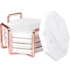 d'eco white carrara marble coasters & rose gold coaster holder (set of 5)- durable, thick coasters - protects any table type & fits any coffee mug, drinking glass, barware- holiday idea