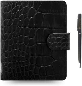 filofax classic croc print leather organizer agenda weekly daily planner diary calendar bundle with diloro pen (pocket paper size 4.72" x 3.18", ebony 2023-2024)