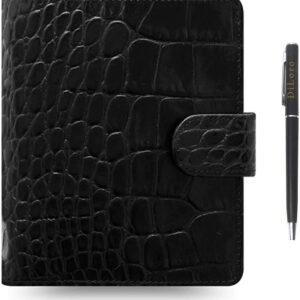 Filofax Classic Croc Print Leather Organizer Agenda Weekly Daily Planner Diary Calendar Bundle with DiLoro Pen (Pocket Paper Size 4.72" x 3.18", Ebony 2023-2024)