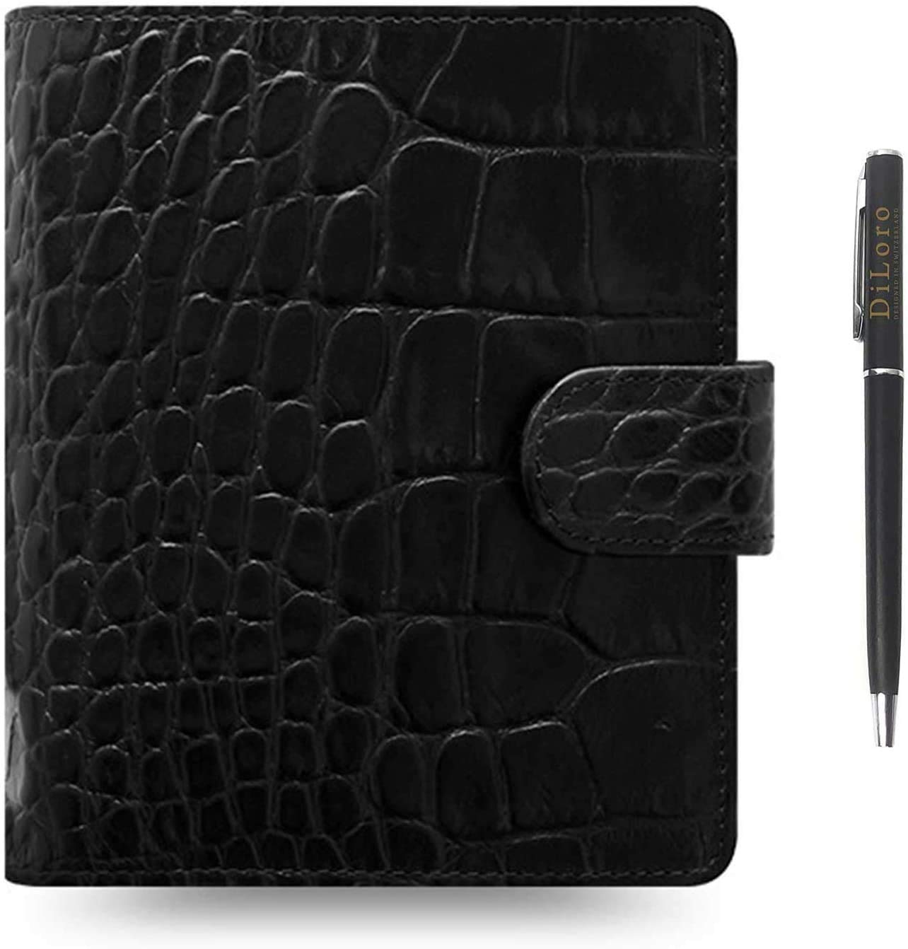 Filofax Classic Croc Print Leather Organizer Agenda Weekly Daily Planner Diary Calendar Bundle with DiLoro Pen (Pocket Paper Size 4.72" x 3.18", Ebony 2023-2024)