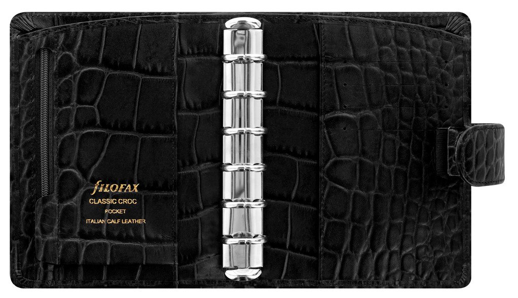 Filofax Classic Croc Print Leather Organizer Agenda Weekly Daily Planner Diary Calendar Bundle with DiLoro Pen (Pocket Paper Size 4.72" x 3.18", Ebony 2023-2024)