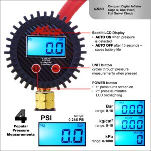 Milton S-530 Compact Digital Tire Inflator with Pressure Gauge, 255 PSI, Dual Head Air Chuck, 15" Hose, 2.5" Dial, 360 Swivel, Res: 0.1 Display, Backlit, Made in USA, Industrial Grade,Matte Black