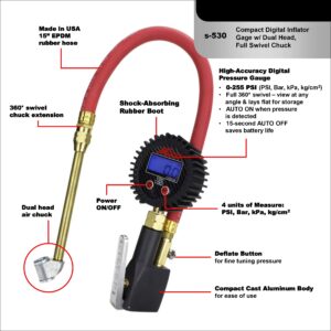 Milton S-530 Compact Digital Tire Inflator with Pressure Gauge, 255 PSI, Dual Head Air Chuck, 15" Hose, 2.5" Dial, 360 Swivel, Res: 0.1 Display, Backlit, Made in USA, Industrial Grade,Matte Black