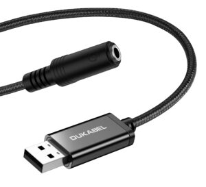 dukabel usb to 3.5mm jack audio adapter, usb to aux cable with trrs 4-pole mic-supported usb to headphone aux adapter built-in chip external sound card for pc ps4 ps5 and more [9.8 inch]