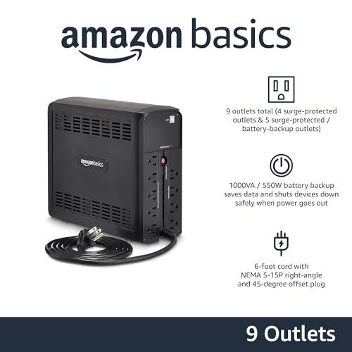 Amazon Basics Line Interactive UPS 1000VA 550 Watt Surge Protector Battery Power Backup, 9 Outlets, Black