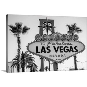 canvas on demand welcome to fabulous las vegas nevada canvas wall art print by circle capture, home decor, black and white, united states artwork, 36"x24"