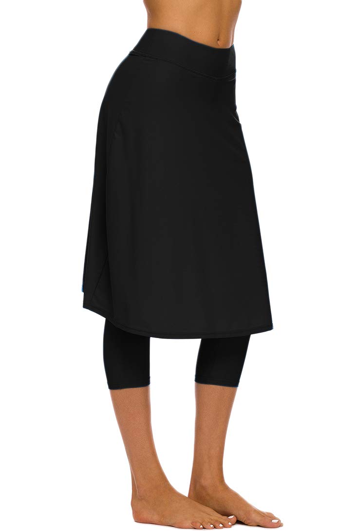 Micosuza Long Swim Skirt with Attached Leggings Modest Sun Protection Sports Skirt for Women Black