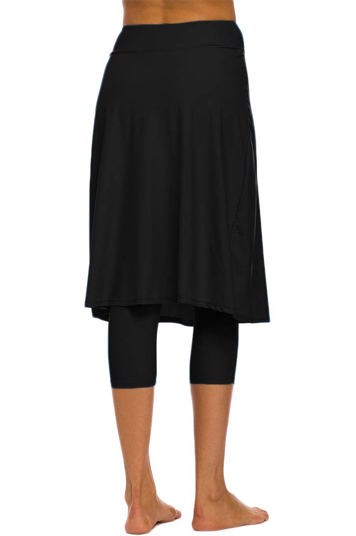 Micosuza Long Swim Skirt with Attached Leggings Modest Sun Protection Sports Skirt for Women Black