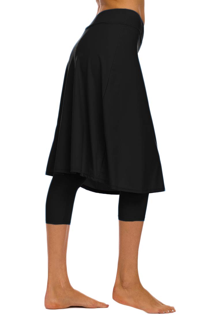 Micosuza Long Swim Skirt with Attached Leggings Modest Sun Protection Sports Skirt for Women Black