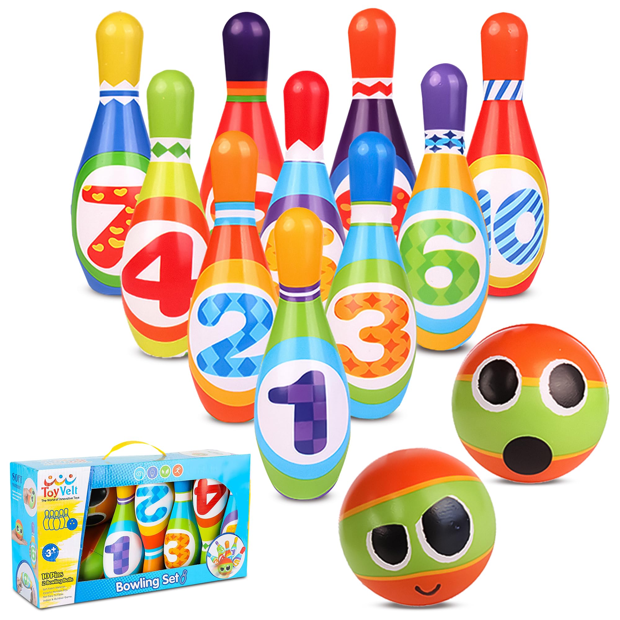 ToyVelt Kids Bowling Set - with 10 Bowling Pins & 2 Balls - Educational Early Development Indoor & Outdoor Games Set - for Toddlers & Infants Boys & Girls Ages 3,4,5-12 Years Old