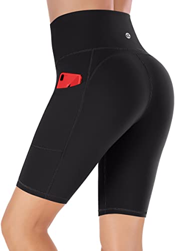 Ewedoos Biker Shorts Women Tummy Control Workout Shorts with 3 Pockets High Waisted Compression Gym Running Yoga Shorts Women Black