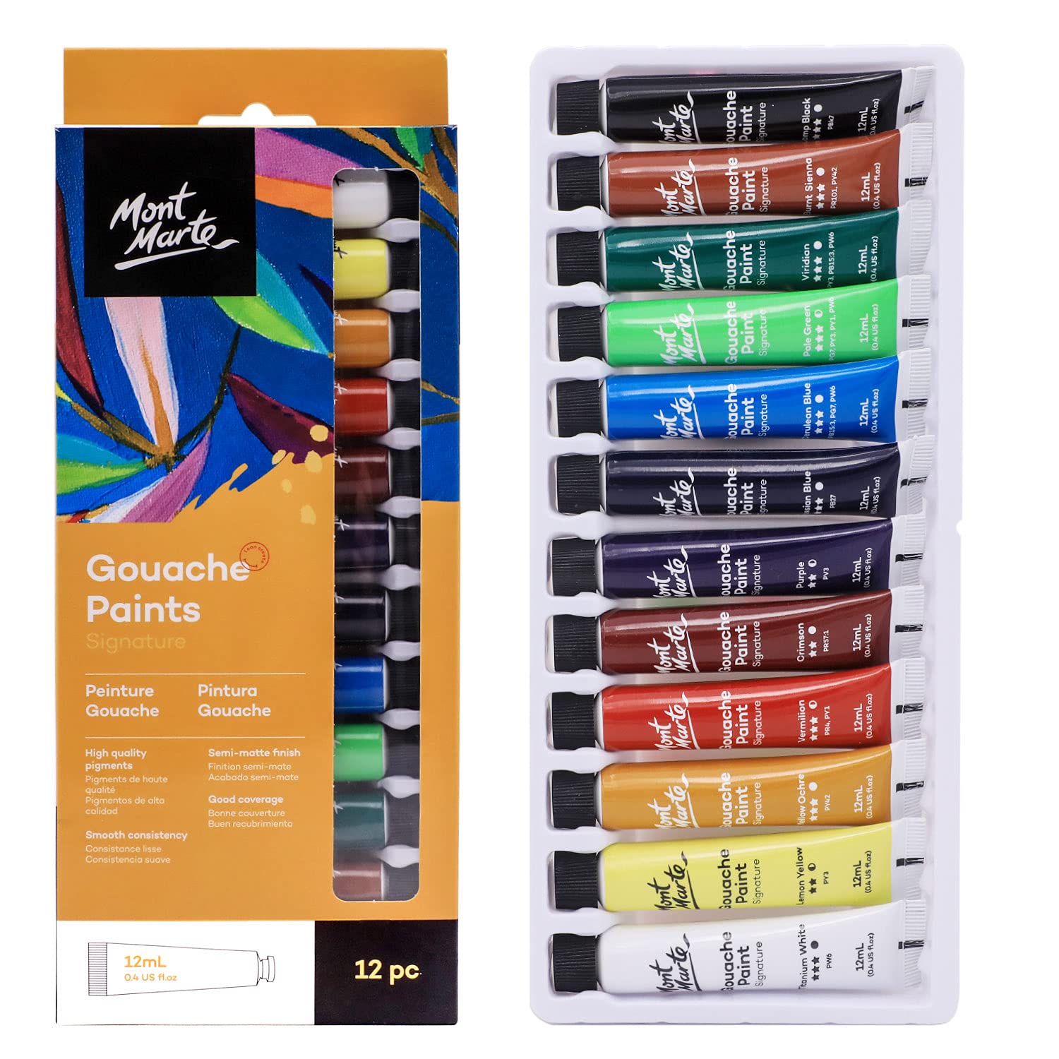 Mont Marte Signature Gouache Paint, 12 x 0.4oz (12ml), Semi-Matte Finish, 12 Colors, Suitable for use with Canvas, Watercolor Paper, Watercolor Paints and Mixed Media