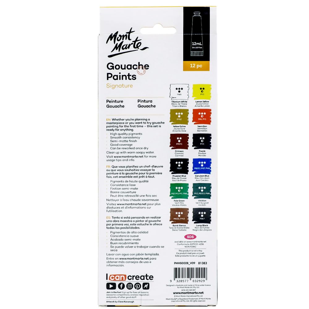 Mont Marte Signature Gouache Paint, 12 x 0.4oz (12ml), Semi-Matte Finish, 12 Colors, Suitable for use with Canvas, Watercolor Paper, Watercolor Paints and Mixed Media