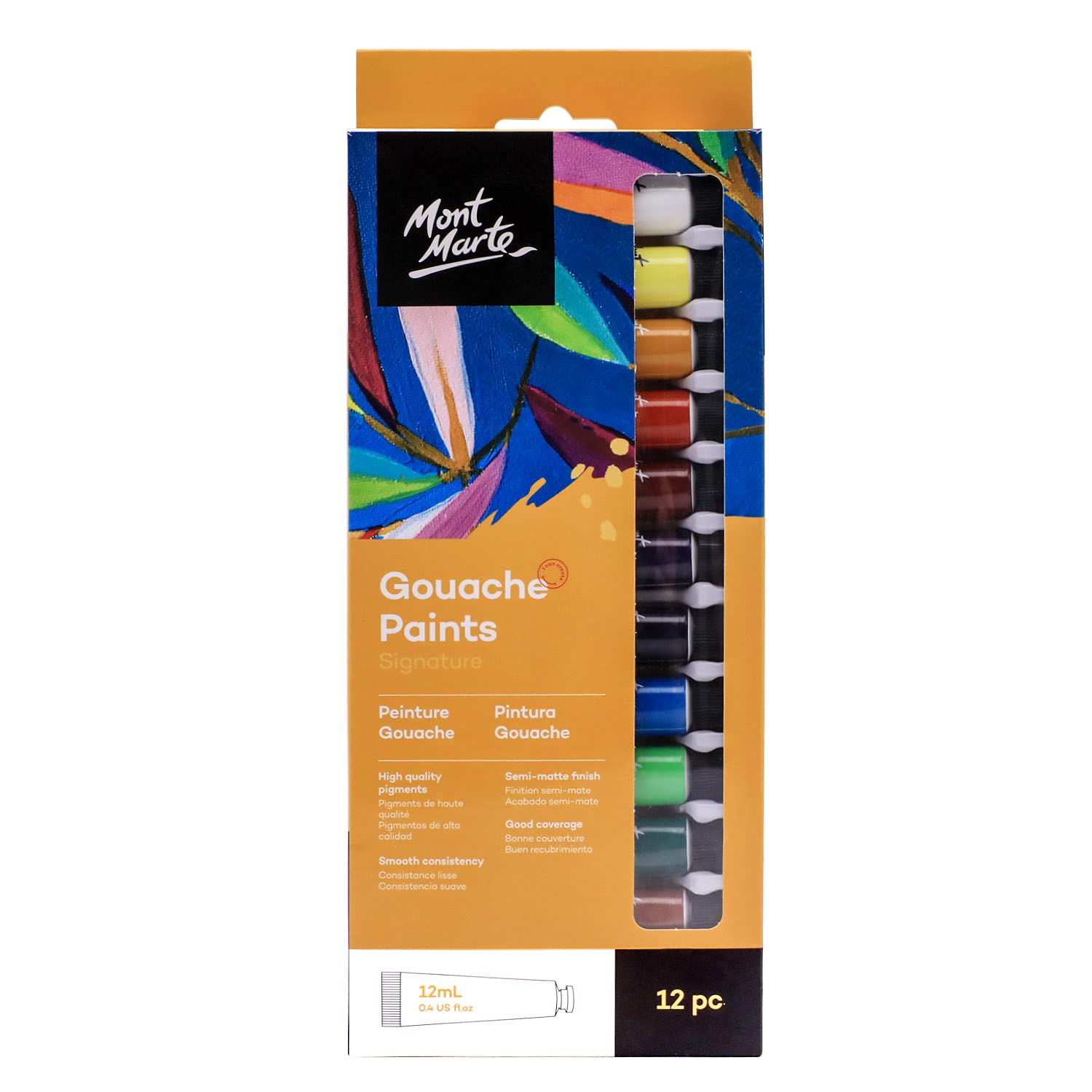 Mont Marte Signature Gouache Paint, 12 x 0.4oz (12ml), Semi-Matte Finish, 12 Colors, Suitable for use with Canvas, Watercolor Paper, Watercolor Paints and Mixed Media