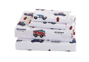 elegant homes multicolors heroes first responders police cars & fire trucks design fun printed sheet set with pillowcases flat fitted sheet for boys/kids/teens (heros, full size)