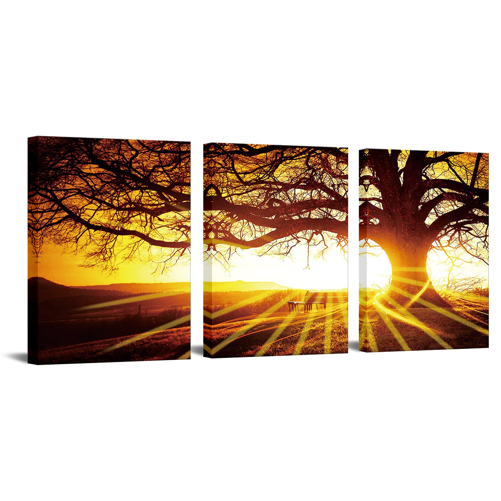 Nachic Wall 3 Panels Wall Art Canvas Prints Big Trees in Sunset Pictures Relax Natural Landscape Painting Ready to hang for Home Office Living Room Bedroom Wall Decor with Frame Ready to Hang