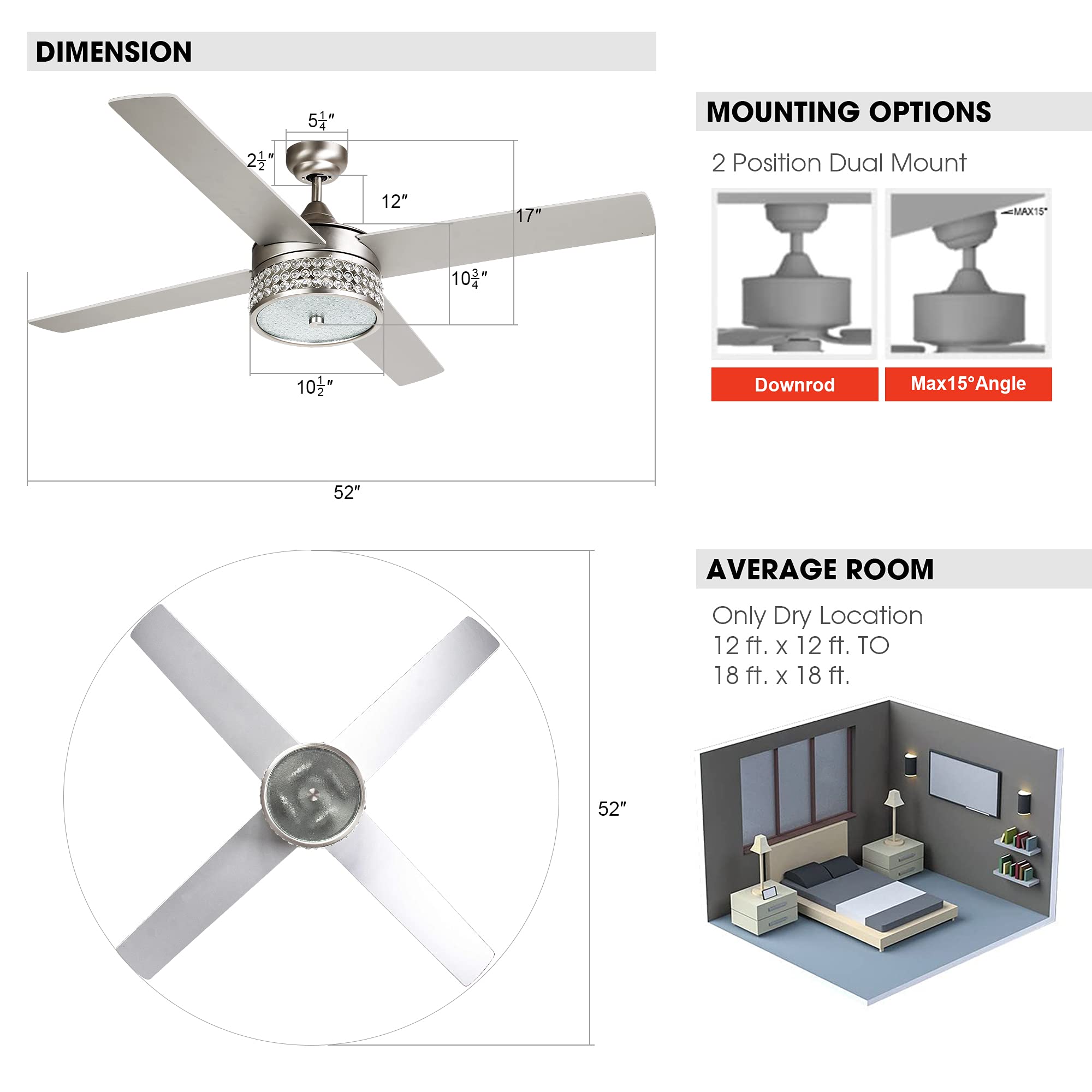 Parrot Uncle Ceiling Fans with Lights and Remote 52 Inch Bedroom Ceiling Fan with Lights Modern Outdoor Ceiling Fans for Covered Patios, Brushed Nickel