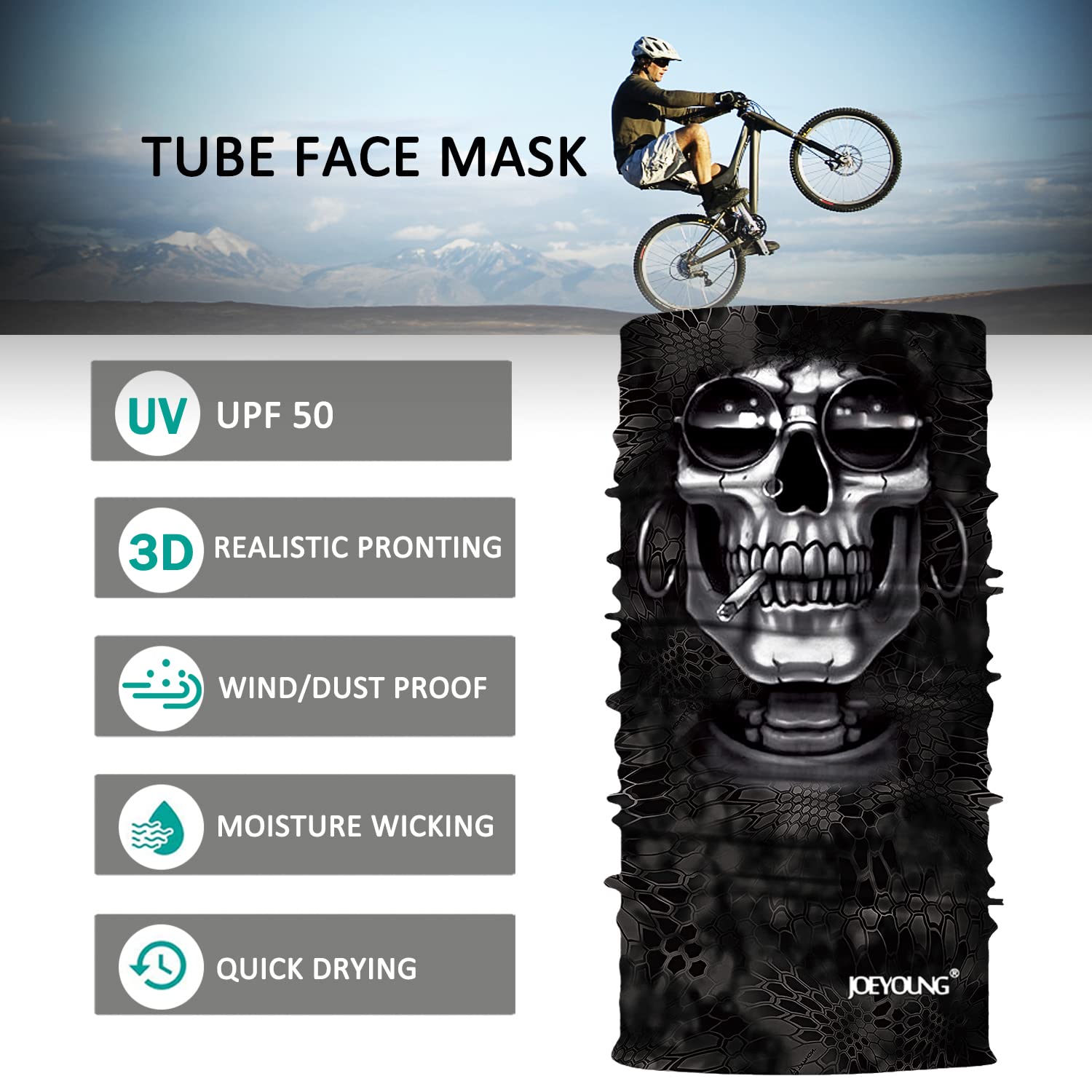 JOEYOUNG Skull Face Mask UV Sun Dust Neck Gaiter Bandana Headwear Motorcycle