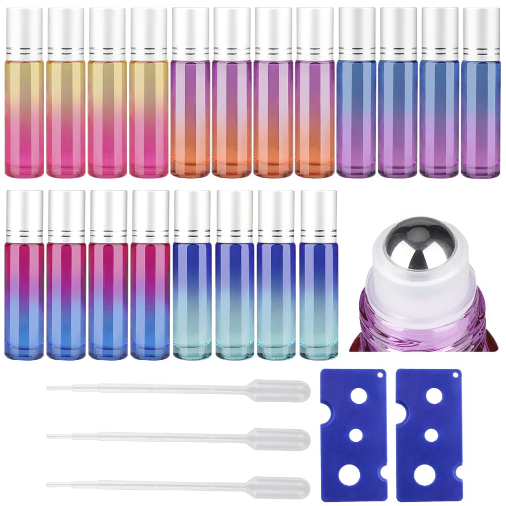 10ml Colorful Essential Oil Roller Bottles Set with Stainless Steel Balls, Tomorotec Home Ultra Thick Roller Bottle for Oil with Opener and Droppers (20 Pcs)