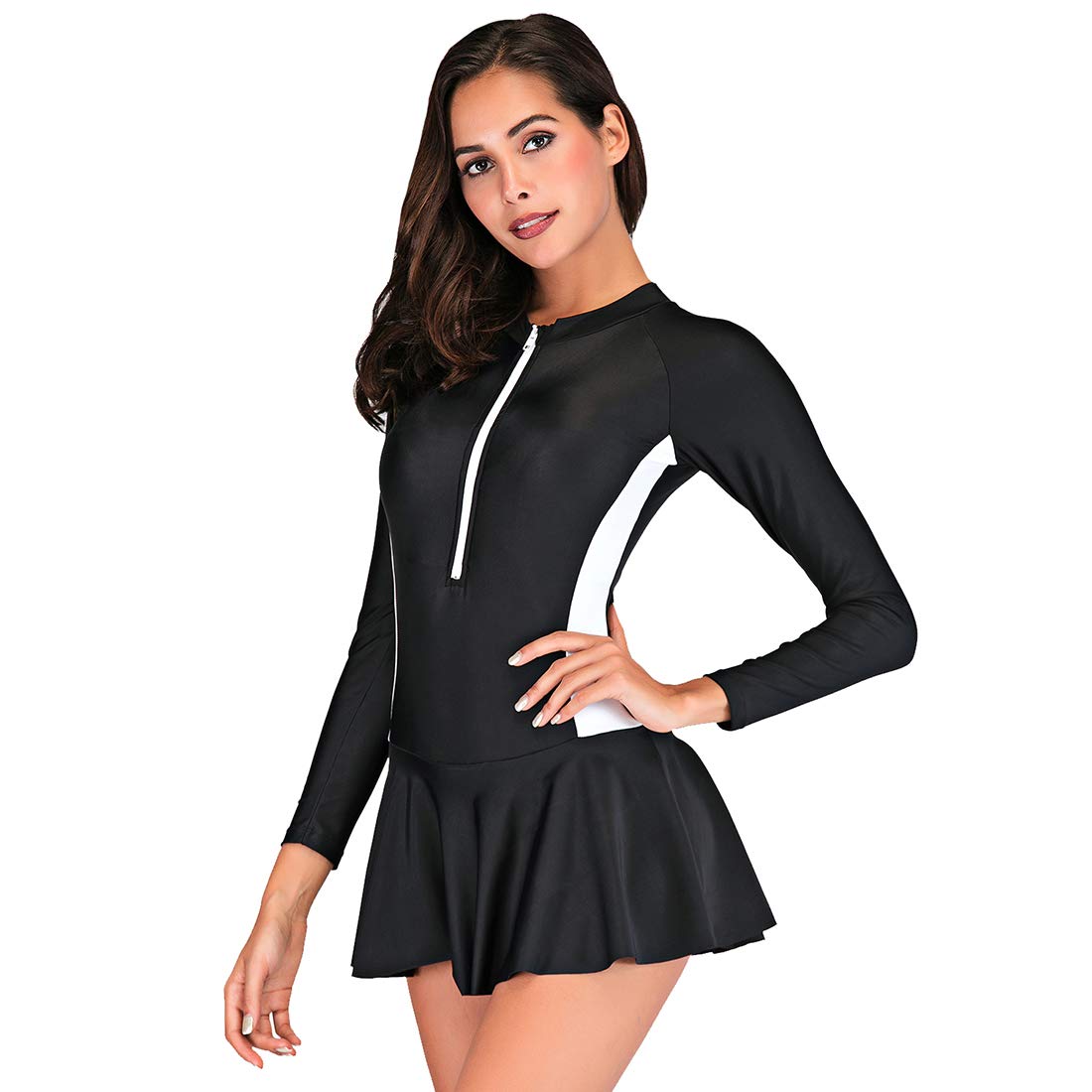 TeeYee Women Girls Swimsuit One Piece Long Sleeve Monokini Diving Swimwear Padded with Ruched Falbala Skirt UV-Protective (M, Black)