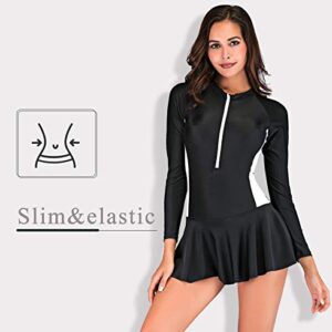 TeeYee Women Girls Swimsuit One Piece Long Sleeve Monokini Diving Swimwear Padded with Ruched Falbala Skirt UV-Protective (M, Black)