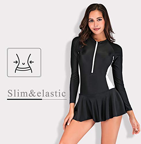 TeeYee Women Girls Swimsuit One Piece Long Sleeve Monokini Diving Swimwear Padded with Ruched Falbala Skirt UV-Protective (M, Black)