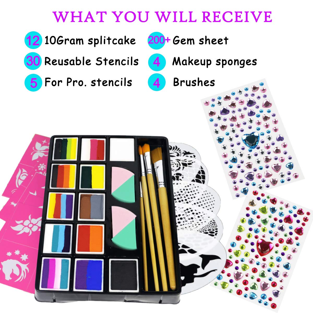 Bowitzki Professional Face Painting Kit For Kids Adults 12 x 10gm Face Paint Set Stencil One Stroke Split Cake Palette Non Toxic Rainbow Cakes Flora Unicorn Body Makeup Halloween Christmas Easter