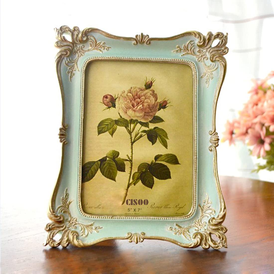 CISOO Vintage Picture Frame 5x7 Antique Photo Frame Table Top Display and Wall Hanging Home Decor, Ornate Photo Gallery Art (Blue)