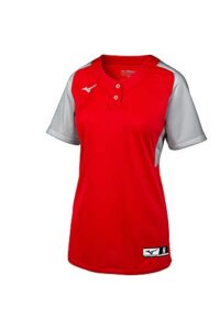 mizuno youth aerolite 2-button fastpitch softball jersey, red-grey, medium