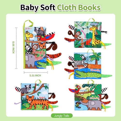 Jollybaby Crinkle Books for Babies, Sensory Soft Touch and Feel Baby Books Toys for 0-6 Months Infants, Newborn Montessori Early Educational Cloth Books Toys, Baby Girl & Boy Gift(Jungle Tails)