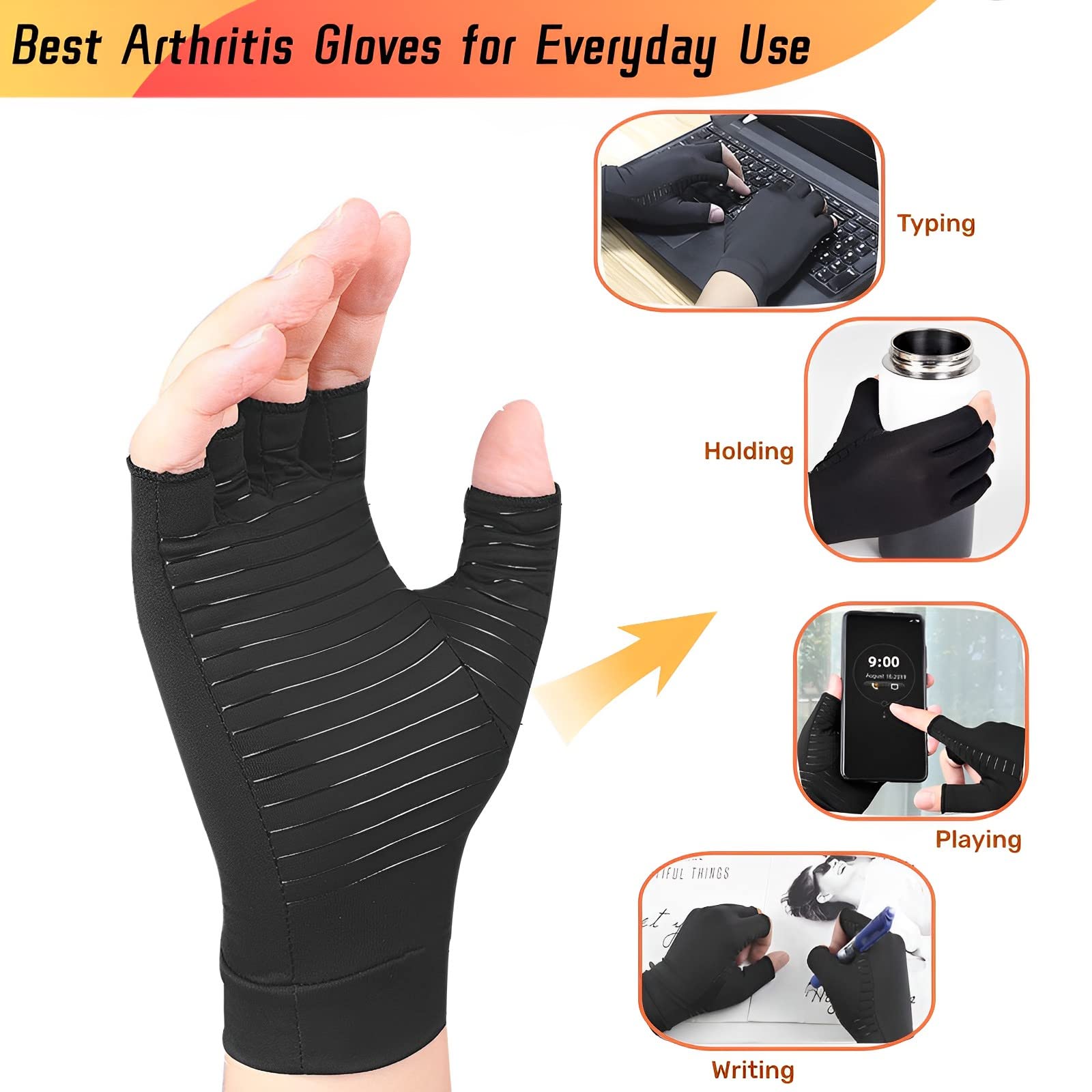 LTXB Fingerless Compression Gloves Copper Arthritis Gloves for Pain, Copper Gloves Compression Gloves for Carpal Tunnel Swelling Arthritis Pain Relief Gloves for Men and Women (M)