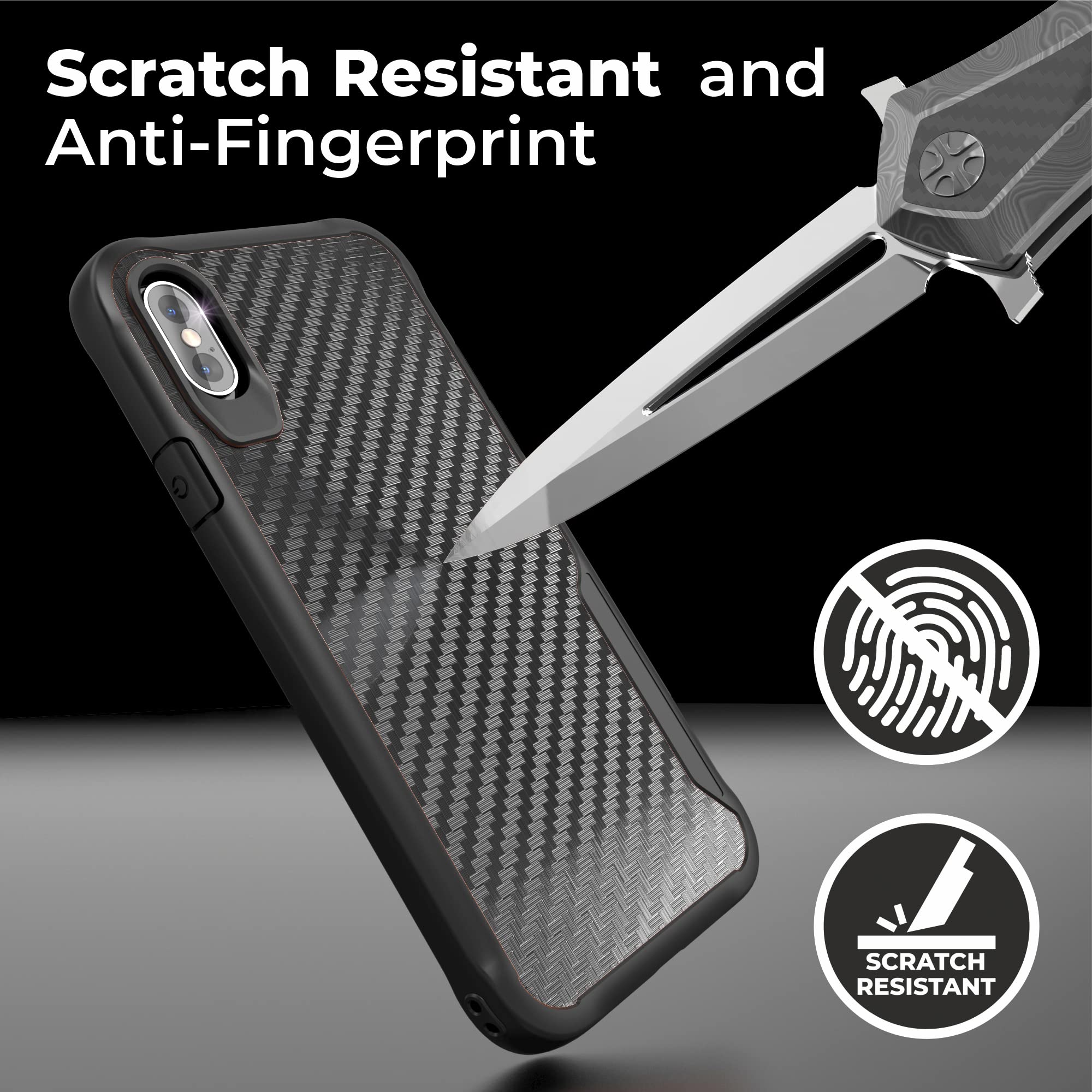 Kitoo Designed for iPhone X Case/Designed for iPhone Xs Case, Carbon Fiber Pattern, 10ft. Drop Tested, Wireless Charging - Black