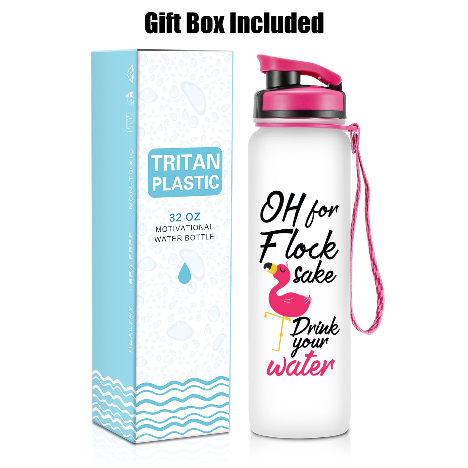 LEADO 32oz 1Liter Motivational Tracking Water Bottle with Times to Drink - for Flock Sake Drink Your Water - Funny Mothers Day, Flamingo Birthday Gifts for Women, Friends, Mom, Daughter, Her