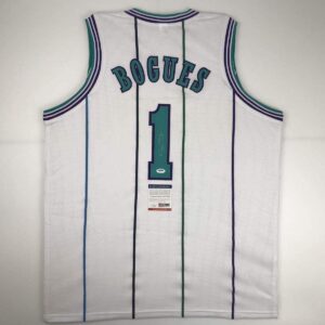 autographed/signed muggsy bogues charlotte white basketball jersey psa/dna coa