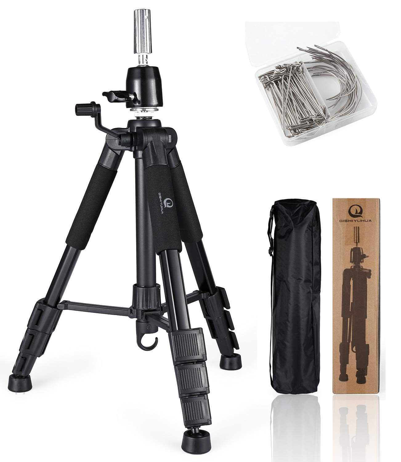 QISHI YUHUA Wig Stand Tripod with Non-Slip Base Adjustable Mannequin Head Stand with Hook Heavy Duty Manikin Head Tripod